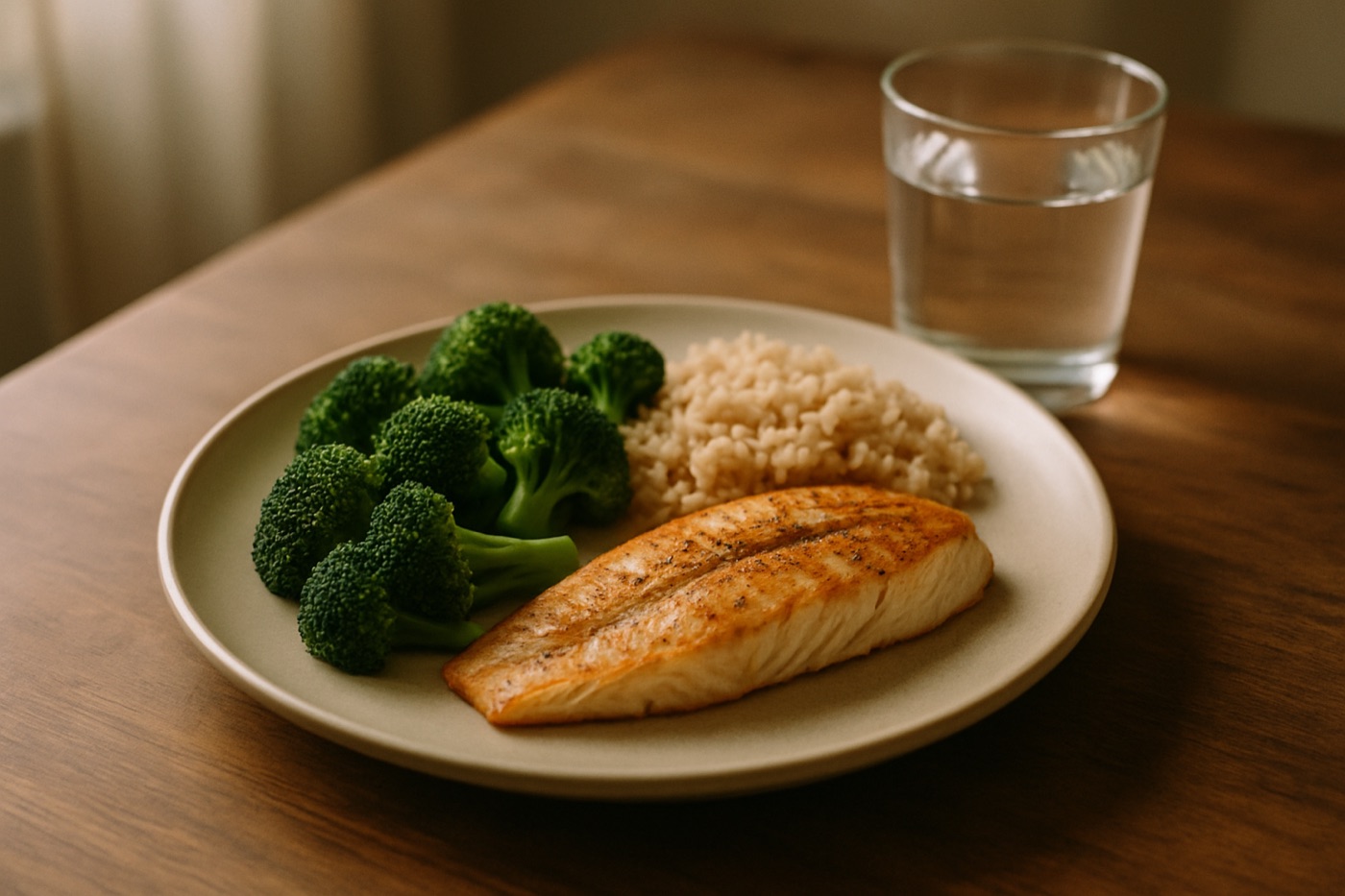 A balanced plate with half vegetables, a quarter grilled fish and a quarter brown rice beside a glass of water