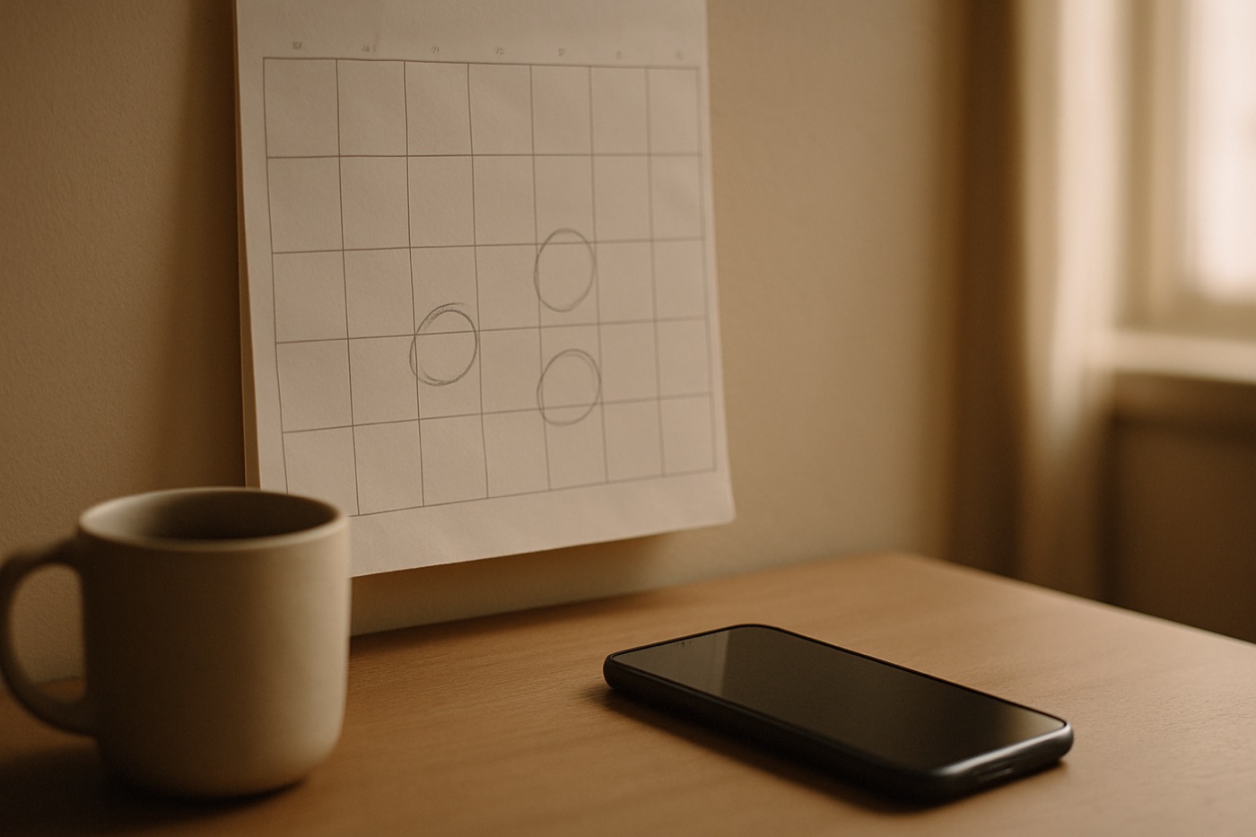 A wall calendar with a few days circled beside a mug and a phone on a desk