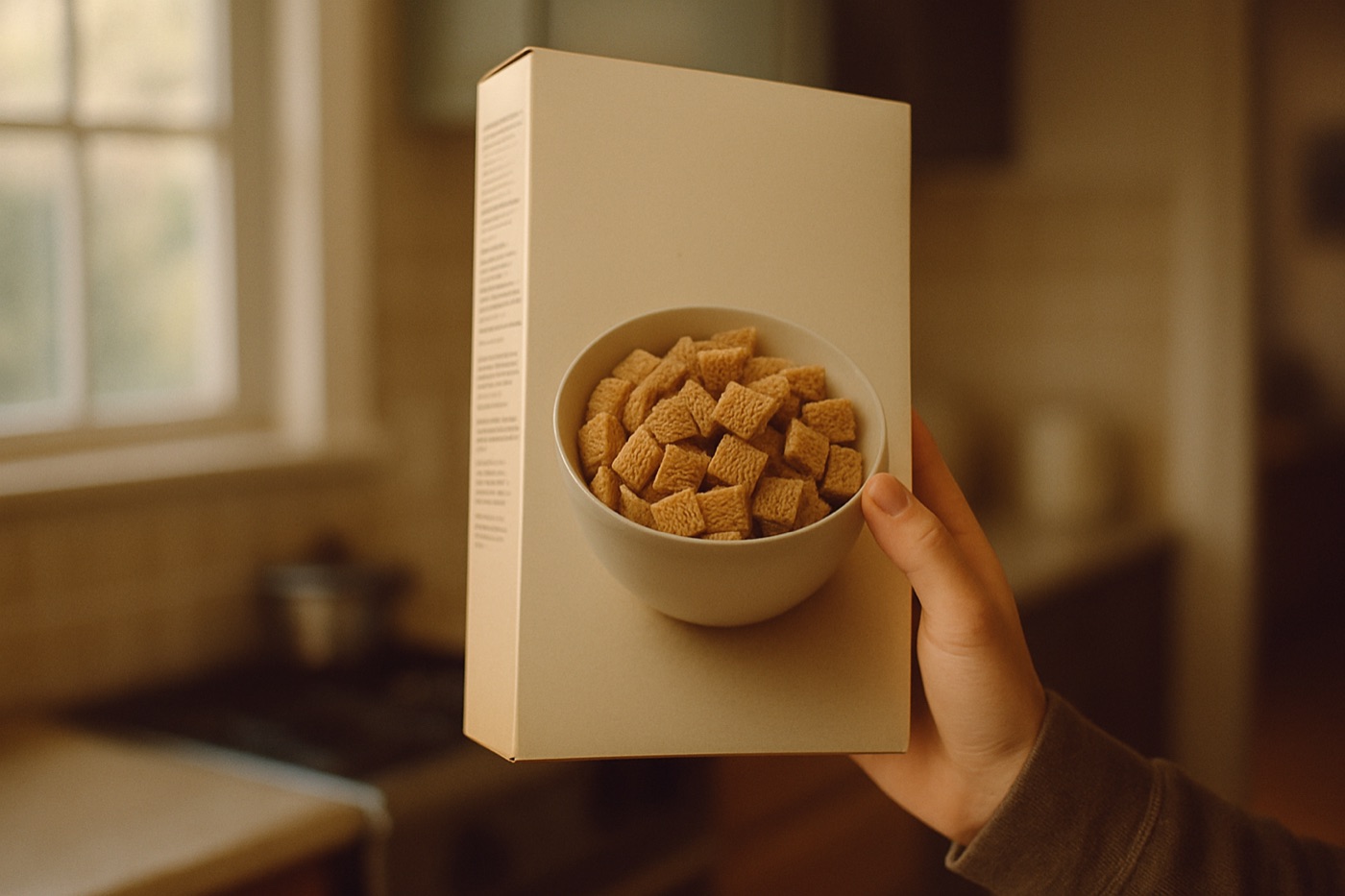 A hand holding up a plain cereal box in a warm kitchen, its side panel out of focus