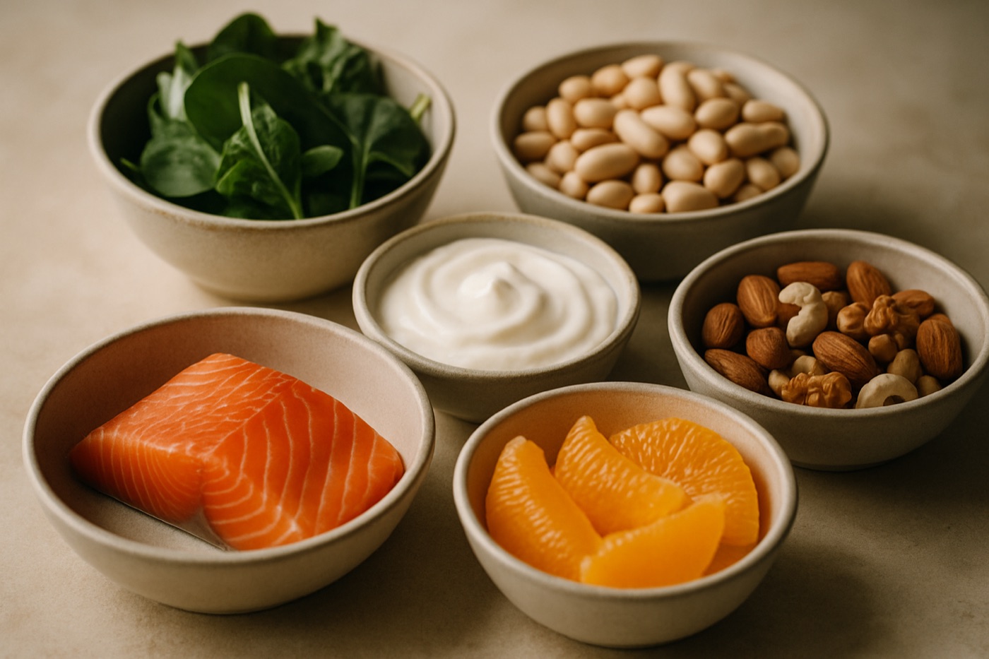 Bowls of leafy greens, beans, yogurt, salmon, oranges and nuts arranged on a light table