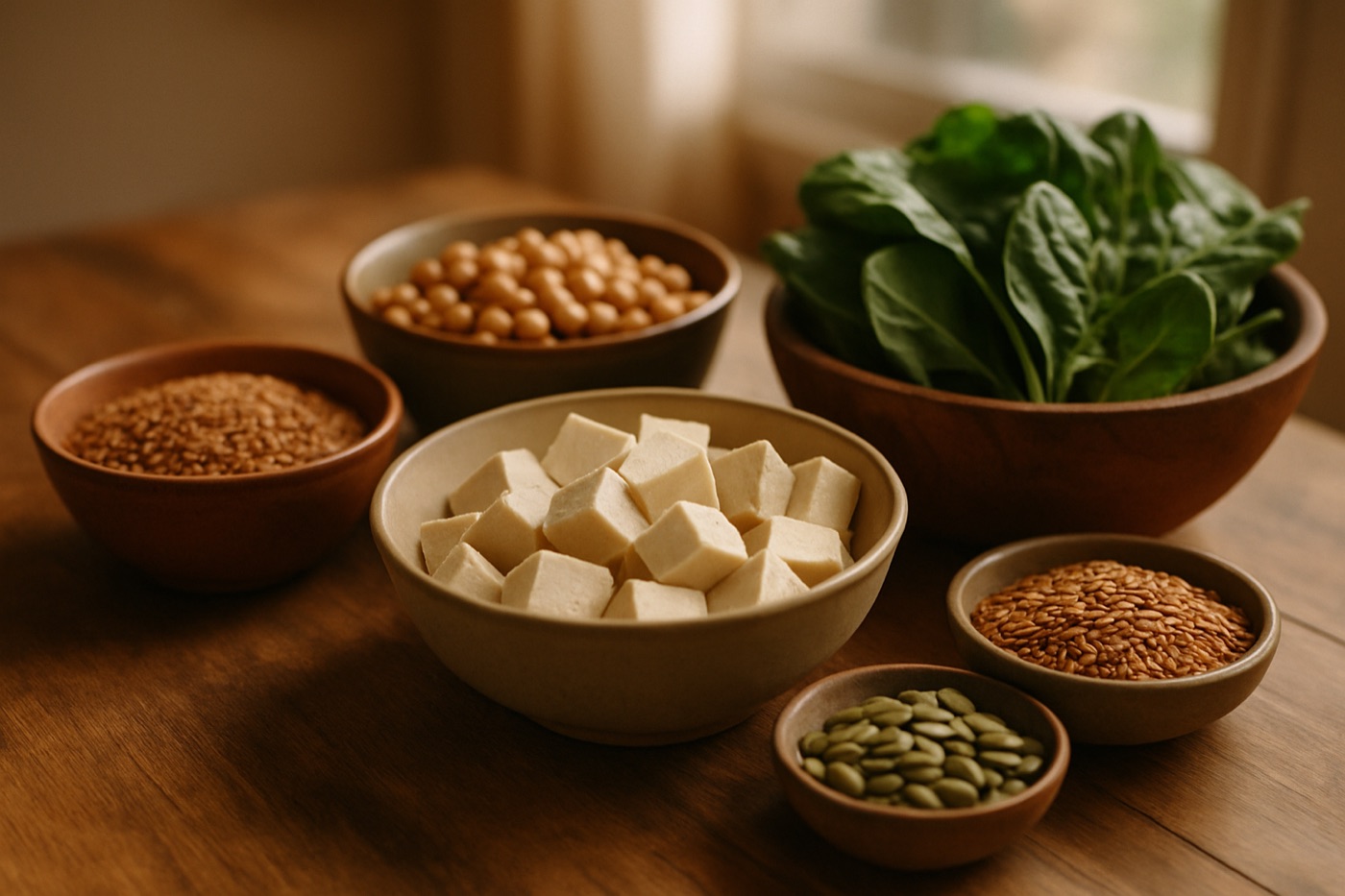 A table with bowls of lentils, tofu, chickpeas, leafy greens, seeds and whole grains