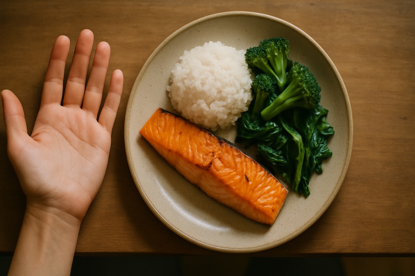 A hand held open beside a plate with a piece of salmon, a scoop of rice and green vegetables